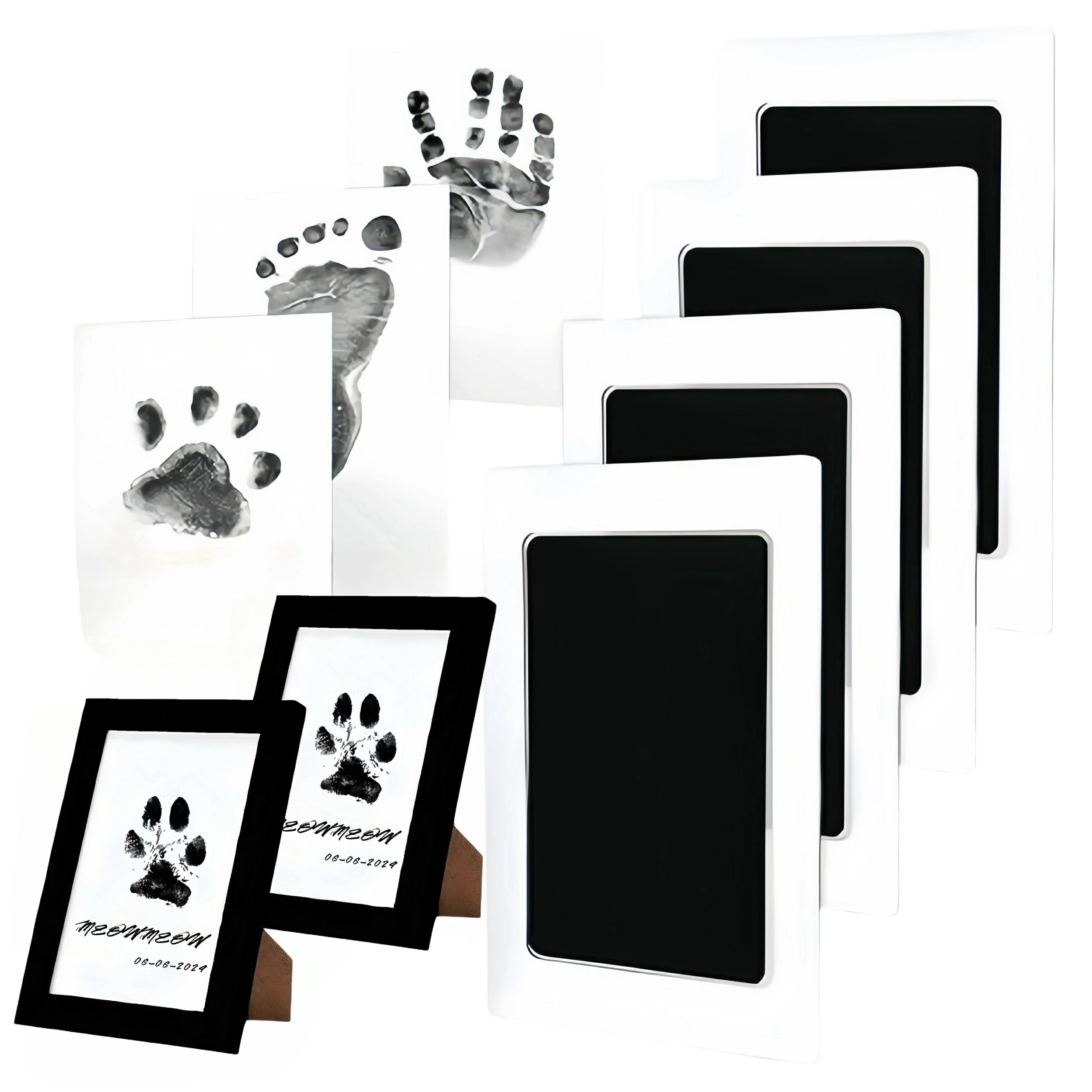 Larleaf mess-free ink pad set including ink pads and black photo frames. Designed for newborns and pets, this clean-touch kit allows for capturing paw prints or footprints without ink ever touching the skin.