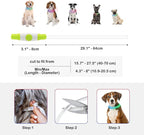 Size guide for Larleaf LED collar: Cut to fit any neck size from 11 to 27 inches. shown fitting various breeds including Golden Retriever, Beagle, and Pug. 3-step easy resizing instructions.