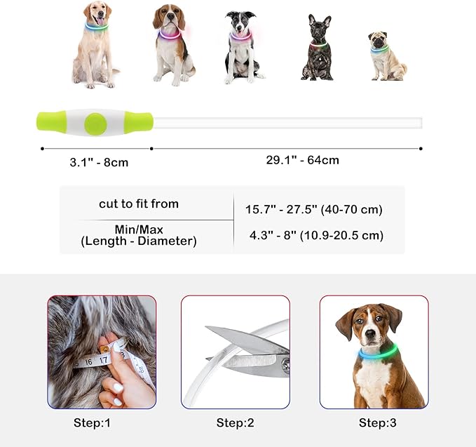 Size guide for Larleaf LED collar: Cut to fit any neck size from 11 to 27 inches. shown fitting various breeds including Golden Retriever, Beagle, and Pug. 3-step easy resizing instructions.