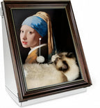 Larleaf artistic cat house featuring Vermeer's Girl with a Pearl Earring. Creative design includes a dangling white pom-pom ball attached to the earring for cats to play with.