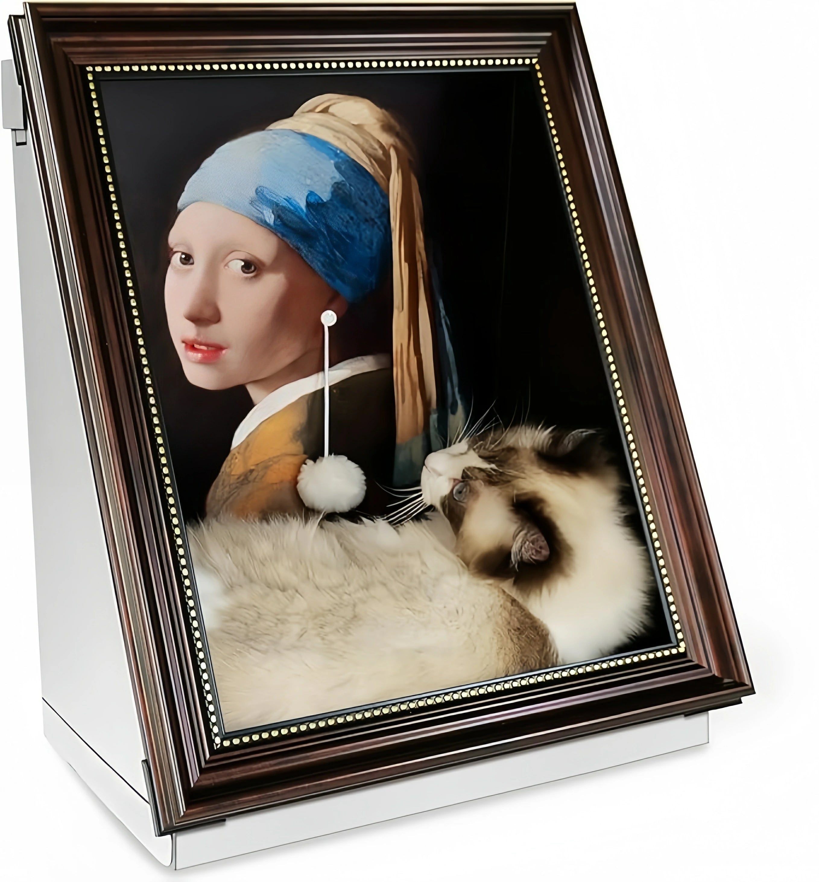 Larleaf artistic cat house featuring Vermeer's Girl with a Pearl Earring. Creative design includes a dangling white pom-pom ball attached to the earring for cats to play with.
