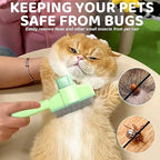 Larleaf green self-cleaning brush being used on an orange cat to remove pests. Text highlights "KEEPING YOUR PETS SAFE FROM BUGS" and "Easily remove fleas and other small insects". Circular insets show close-up examples of a tick and a flea removed from fur.