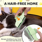 Larleaf green self-cleaning pet brush being used on a black and white cat. Features a one-click button for easy hair removal to manage shedding and keep your home hair-free. Includes a close-up inset of the cleaning action.