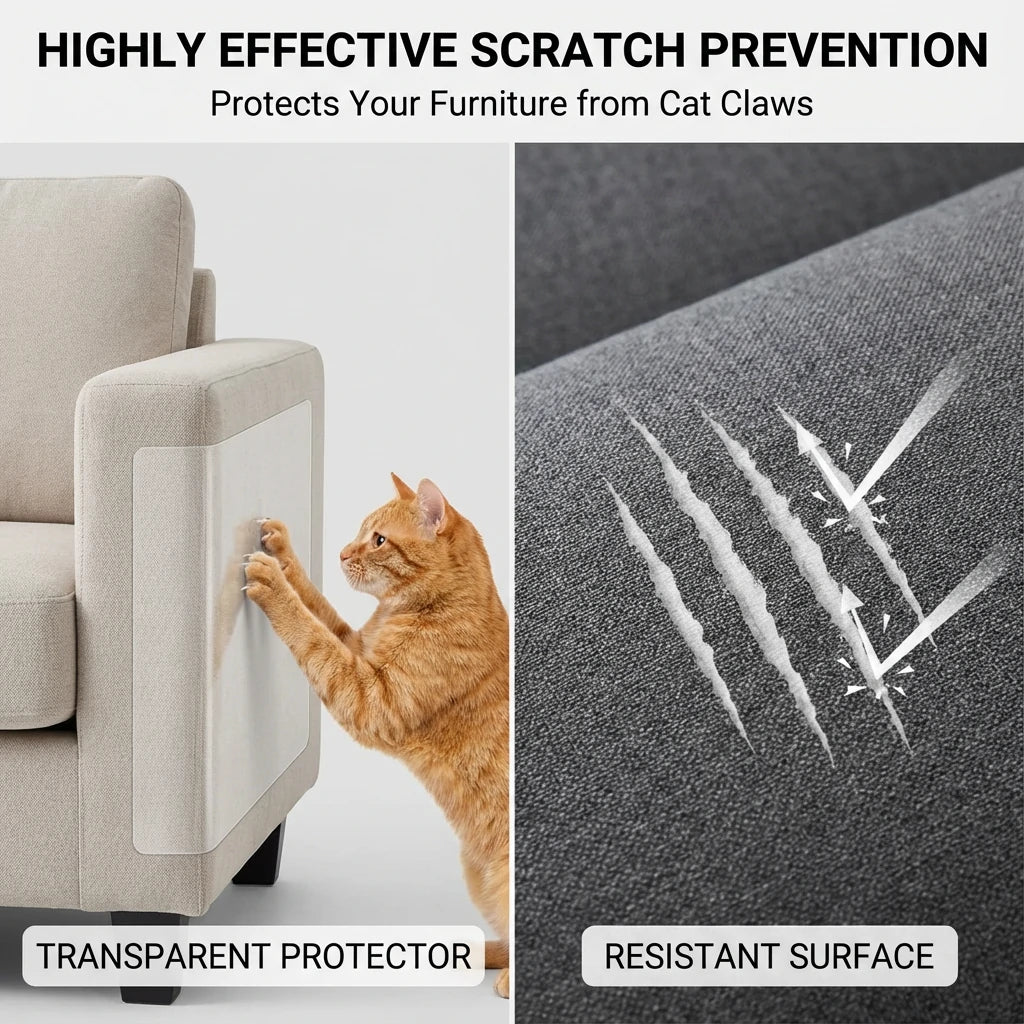 Larleaf transparent furniture protector preventing cat claws from damaging sofa armrest. Close-up detail showing heavy-duty resistant surface against sharp scratches.