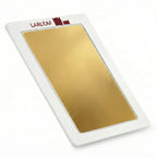 45-degree angled view of the LARLEAF inkless paw print pad. Features a sleek white frame with the red Larleaf logo and a mess-free gold ink surface for pet paw prints