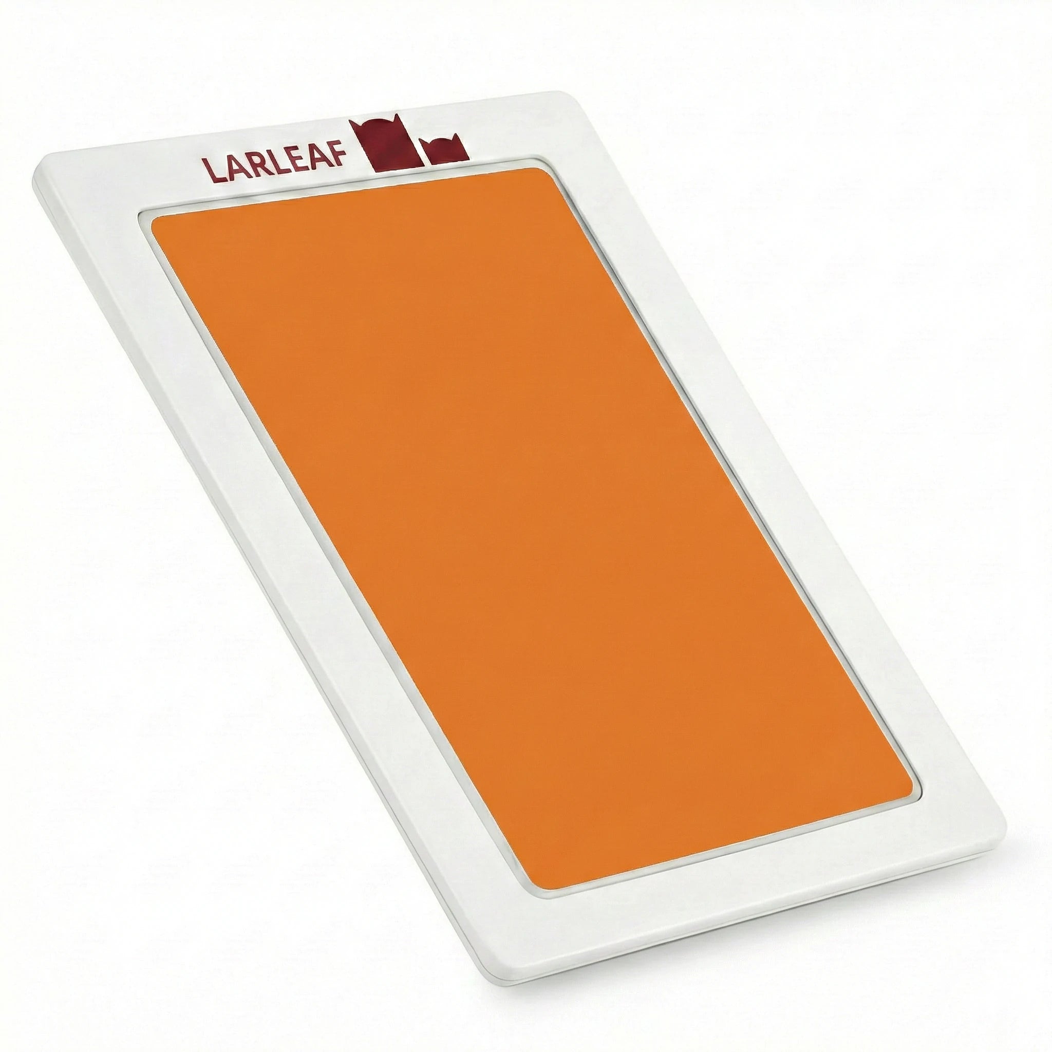 45-degree angled view of the LARLEAF inkless paw print pad. Features a sleek white frame with the red Larleaf logo and a mess-free orange ink surface for pet paw prints