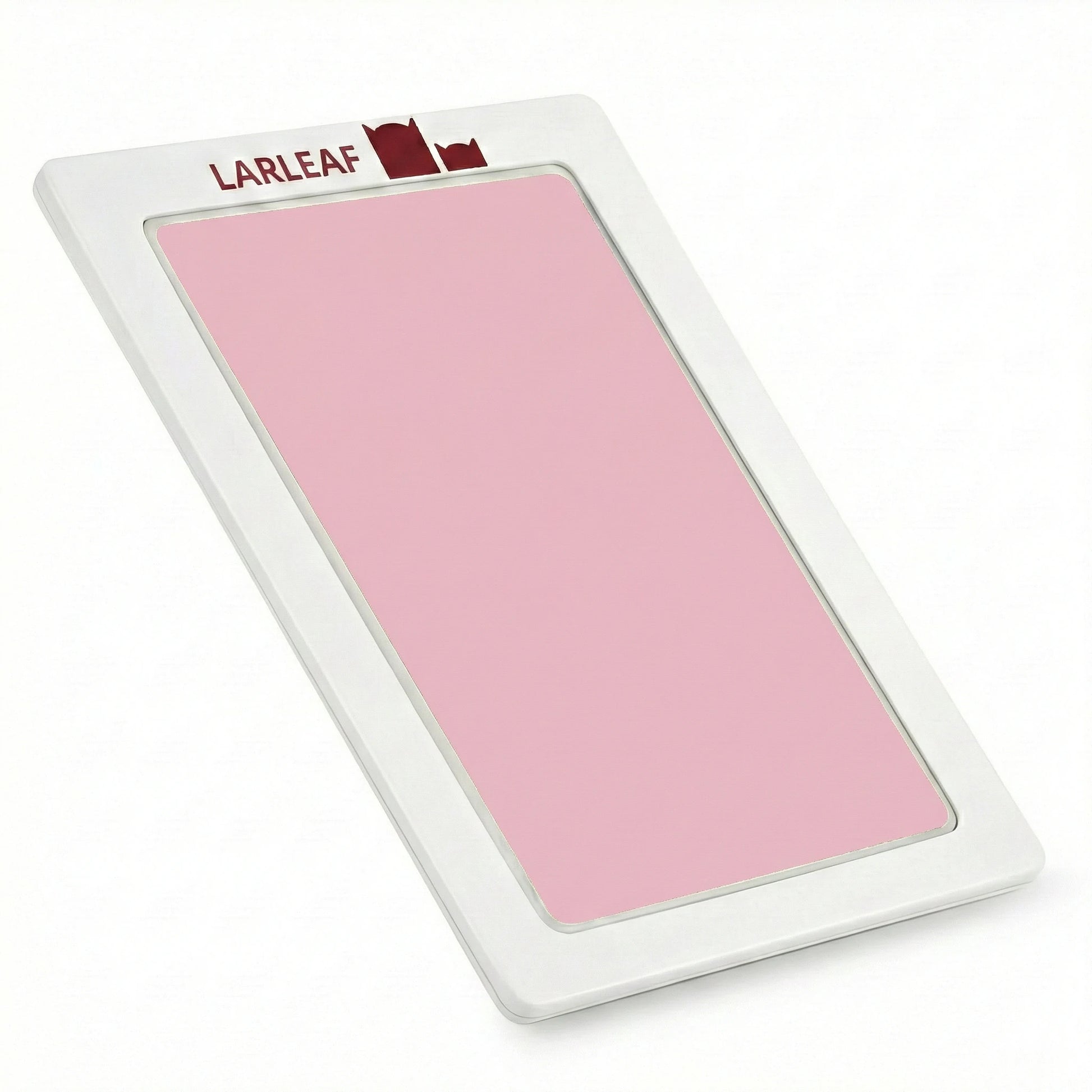 45-degree angled view of the LARLEAF inkless paw print pad. Features a sleek white frame with the red Larleaf logo and a mess-free pink ink surface for pet paw prints
