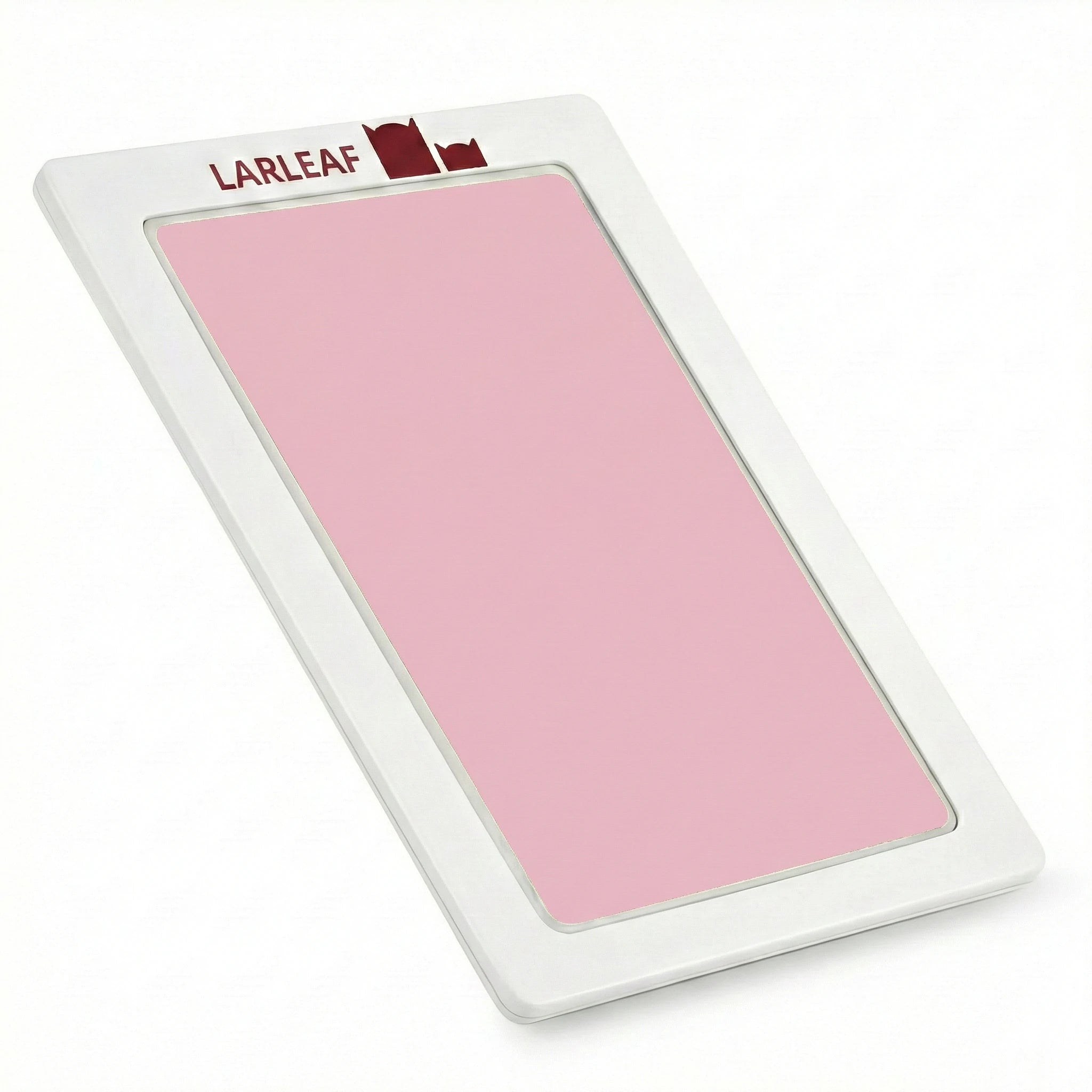 45-degree angled view of the LARLEAF inkless paw print pad. Features a sleek white frame with the red Larleaf logo and a mess-free pink ink surface for pet paw prints