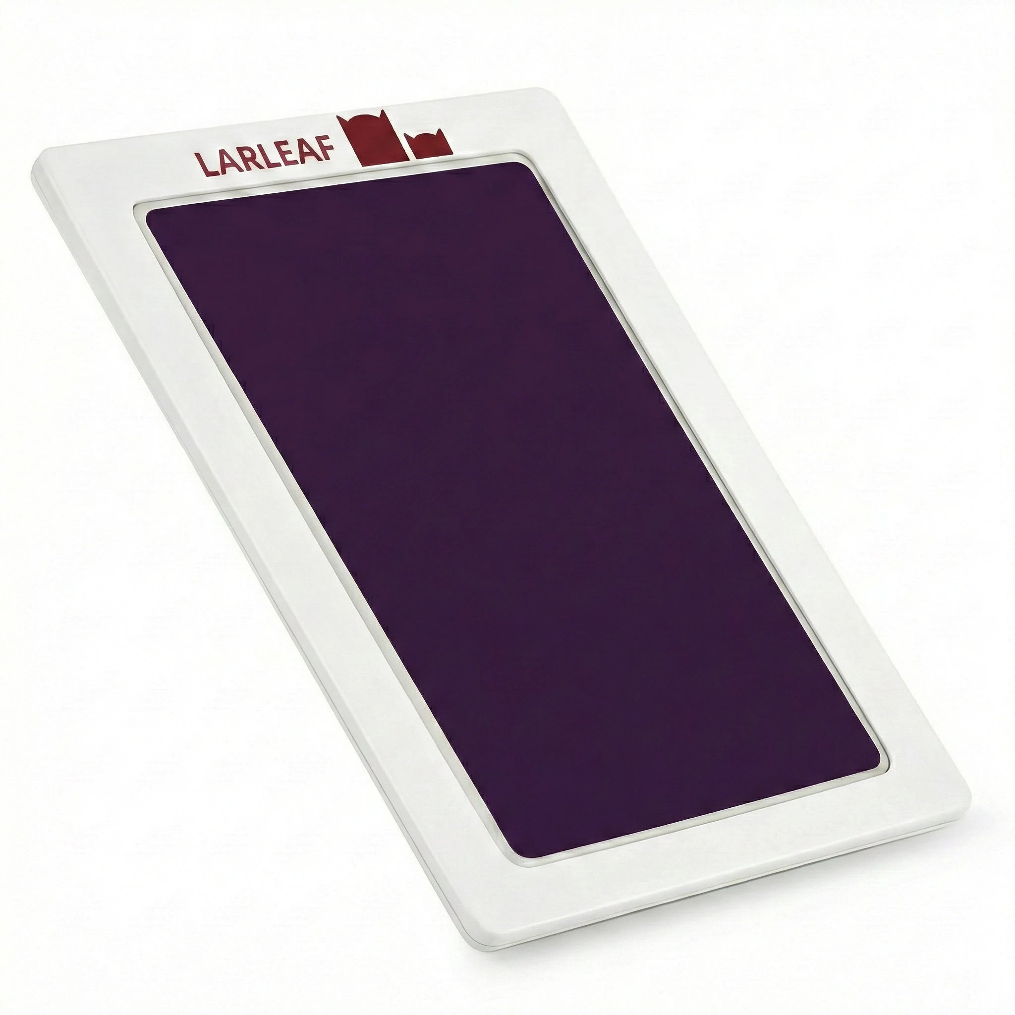 45-degree angled view of the LARLEAF inkless paw print pad. Features a sleek white frame with the red Larleaf logo and a mess-free purple ink surface for pet paw prints