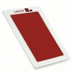 45-degree angled view of the LARLEAF inkless paw print pad. Features a sleek white frame with the red Larleaf logo and a mess-free red ink surface for pet paw prints