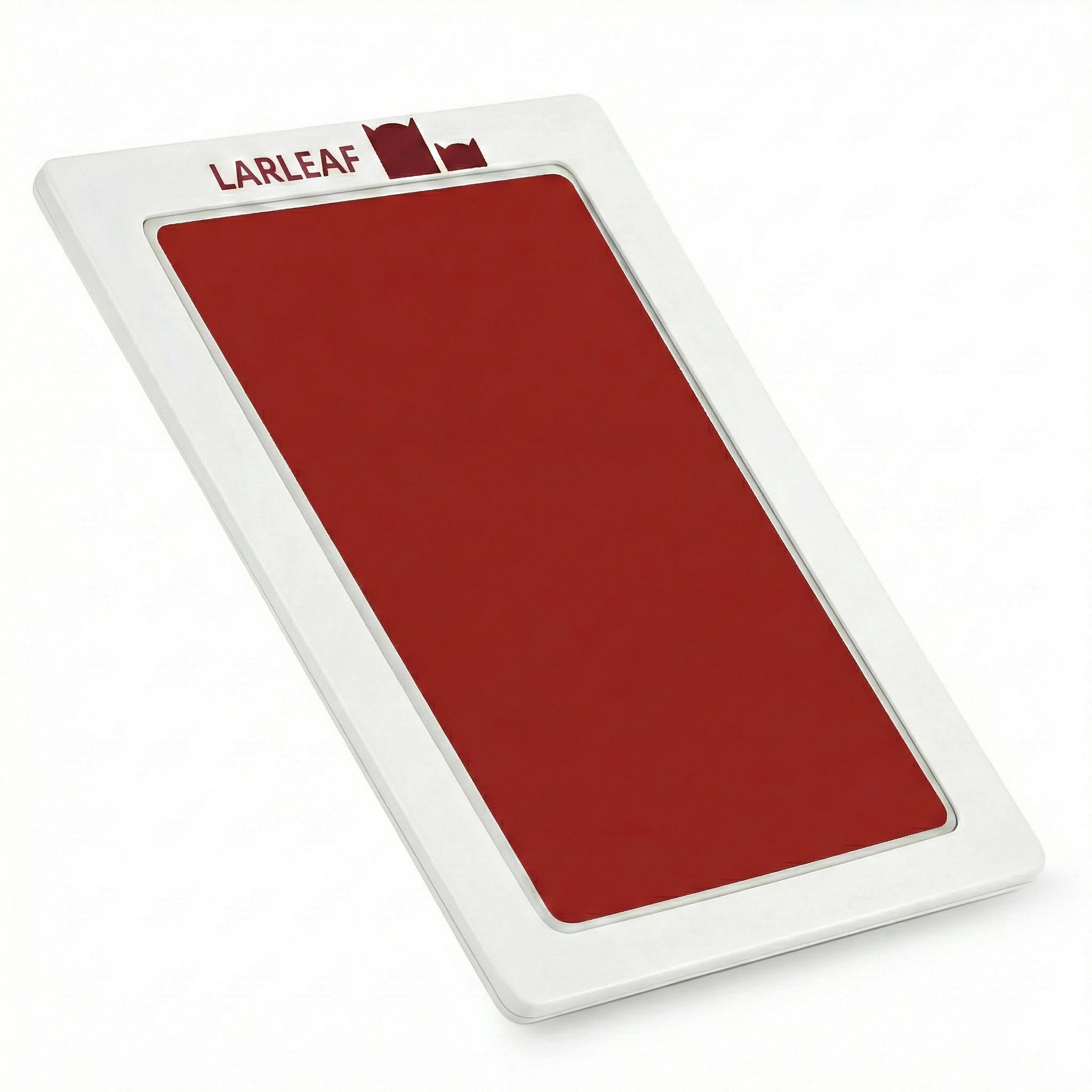 45-degree angled view of the LARLEAF inkless paw print pad. Features a sleek white frame with the red Larleaf logo and a mess-free red ink surface for pet paw prints