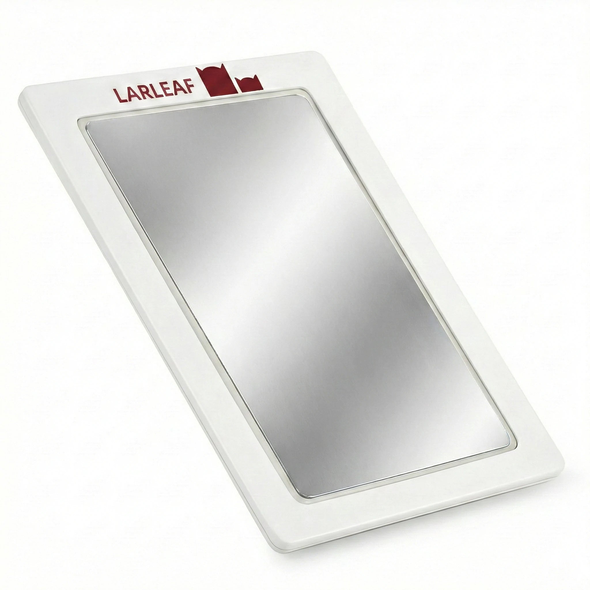 45-degree angled view of the LARLEAF inkless paw print pad. Features a sleek white frame with the red Larleaf logo and a mess-free Silver ink surface for pet paw prints