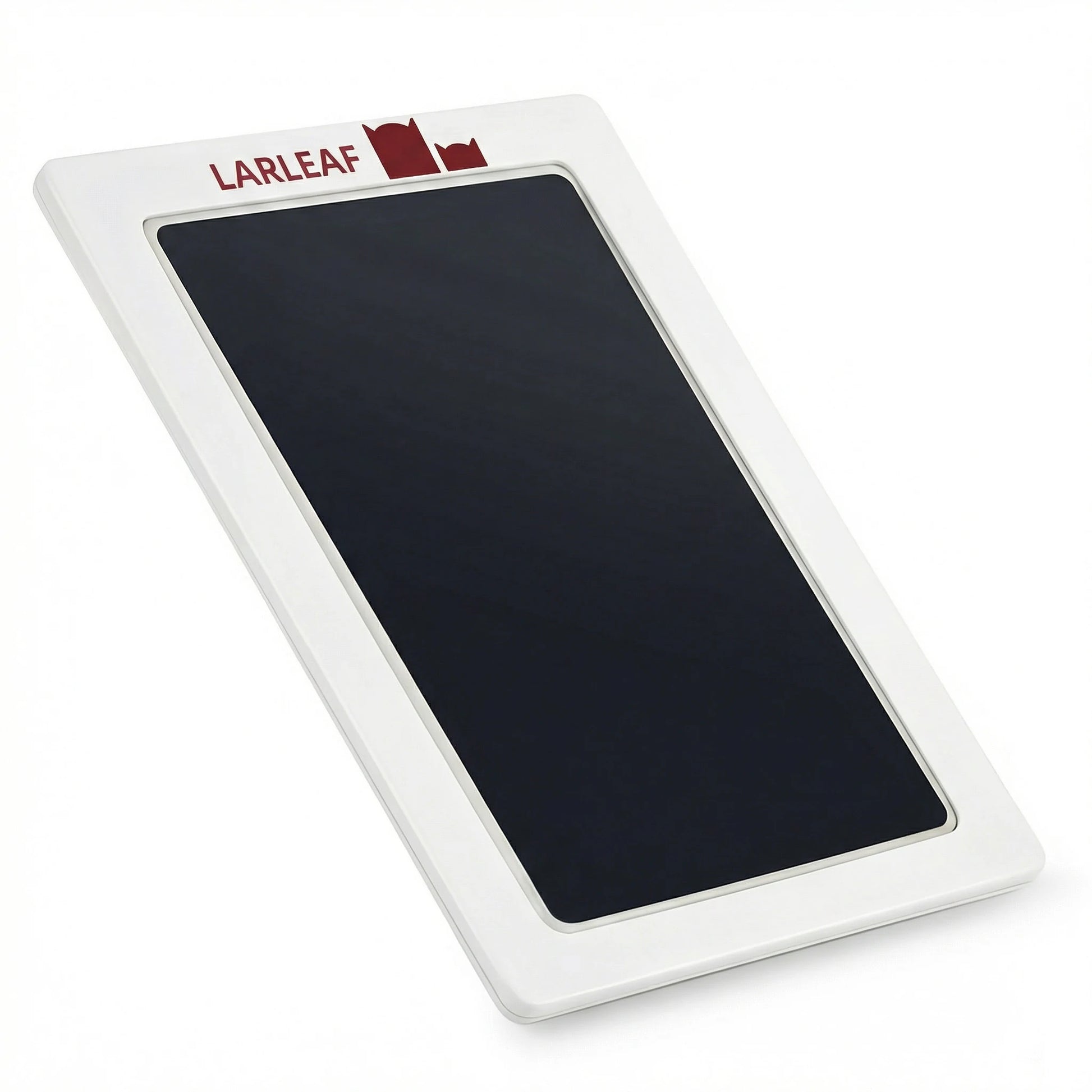 45-degree angled view of the LARLEAF inkless paw print pad. Features a sleek white frame with the red Larleaf logo and a mess-free black ink surface for pet paw prints