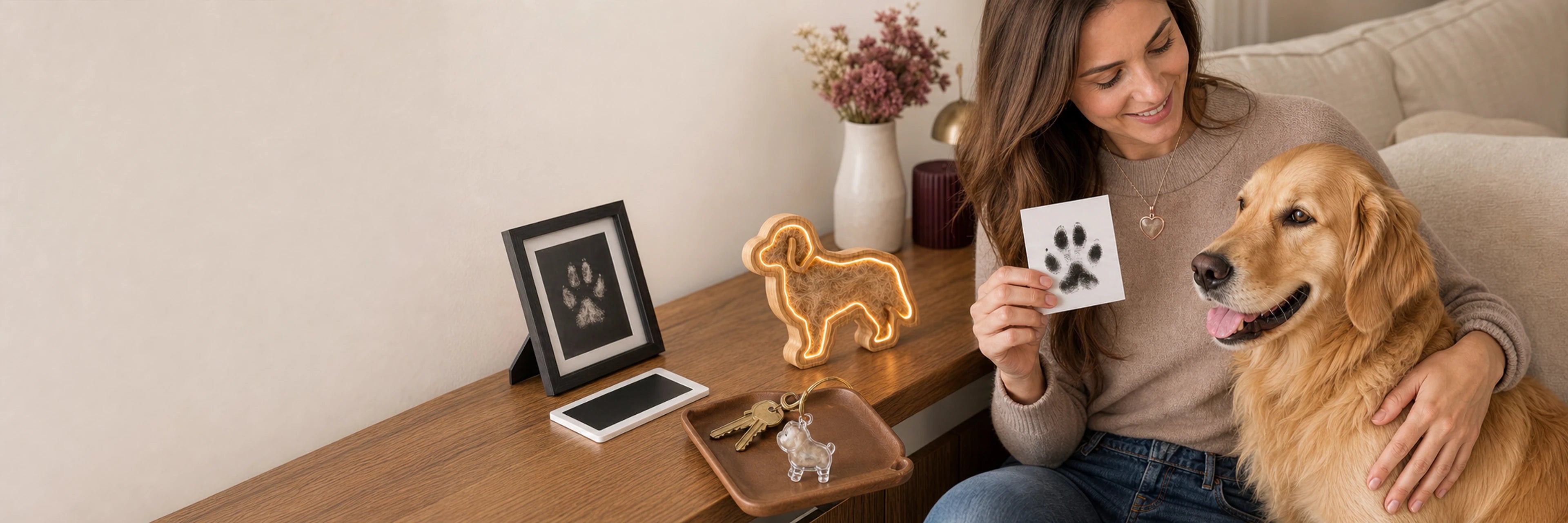 Pet owner holding a paw-print keepsake beside a golden retriever and four Larleaf clean-touch print pads