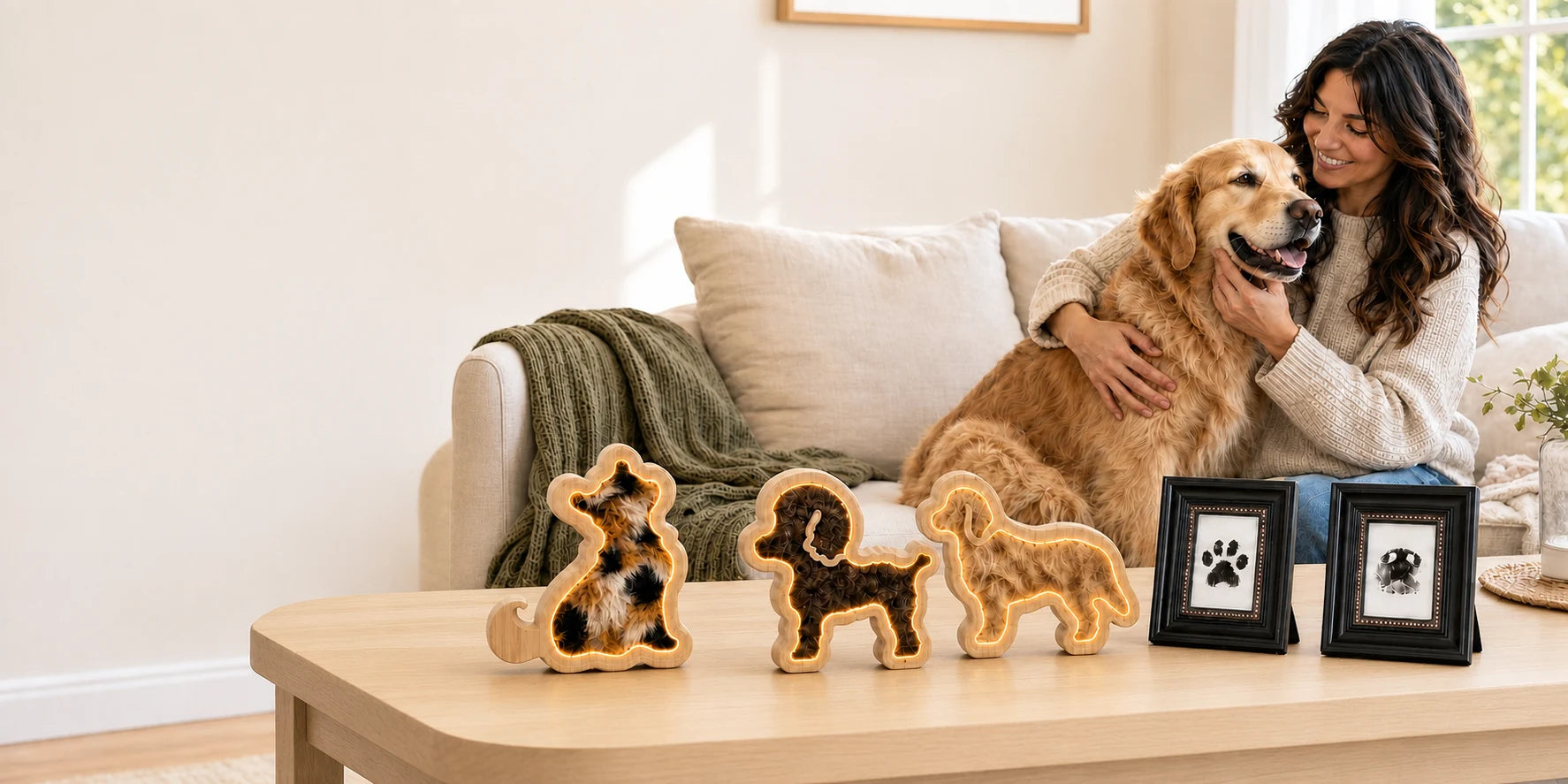 Woman with a golden retriever beside three illuminated pet-fur keepsake frames and two framed paw and nose prints