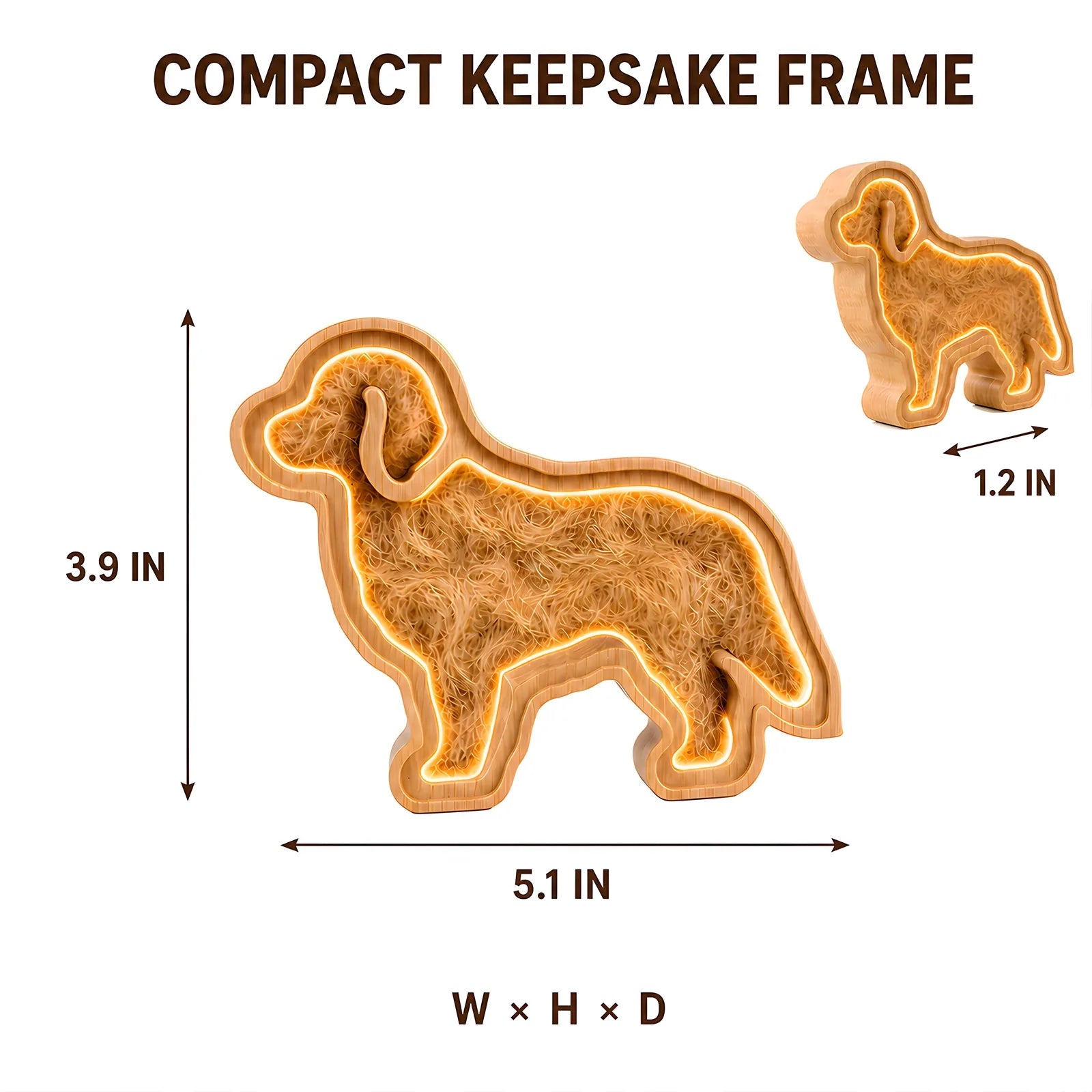 Large dog-shaped oak pet fur keepsake frame dimensions: 5.1 by 3.9 by 1.2 inches
