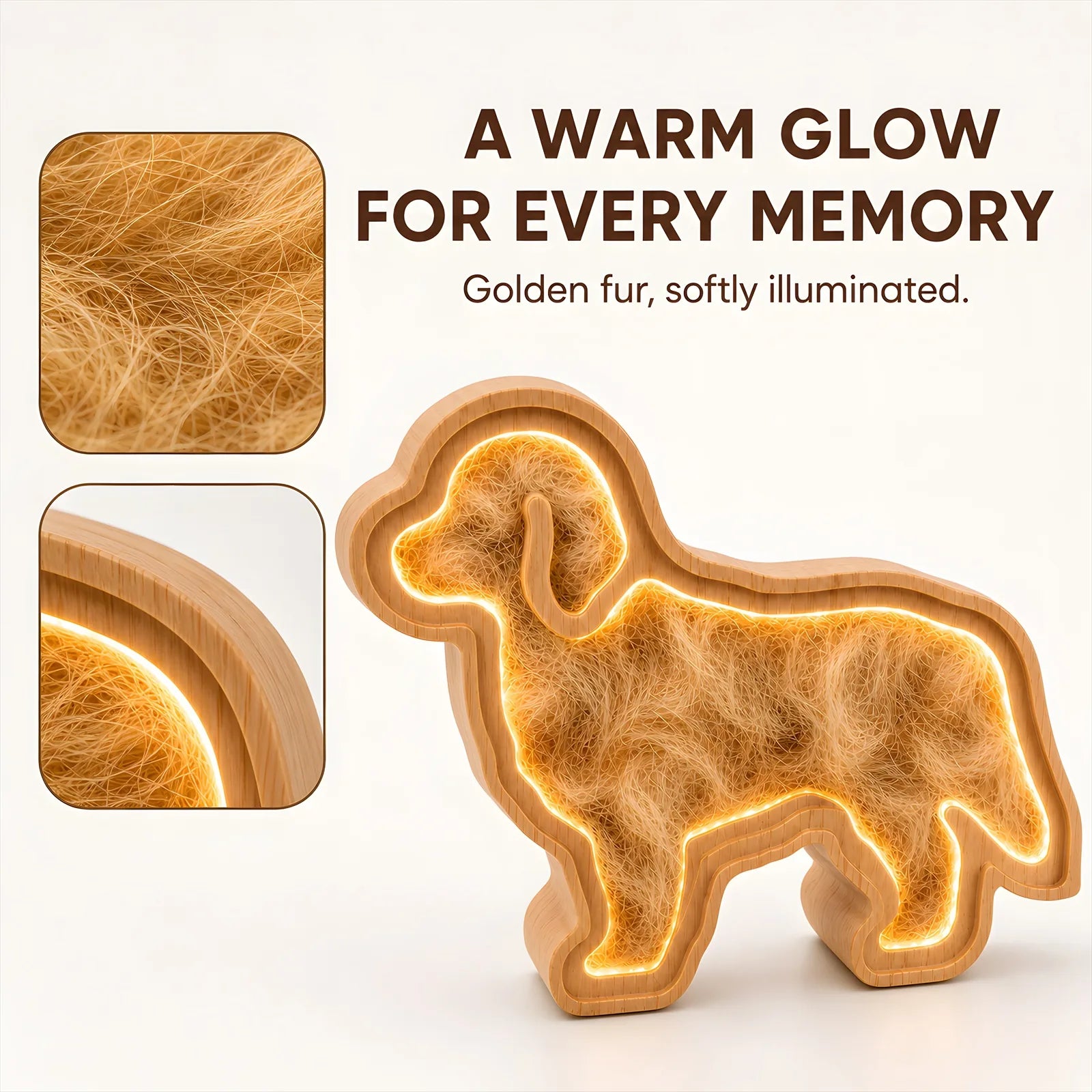 Warm LED glow detail on the large dog oak pet fur keepsake frame