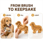 Three-step pet fur keepsake process: brush, fill, and light