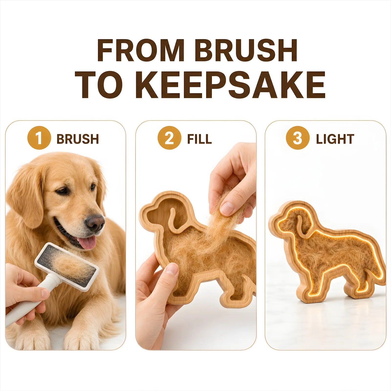 Three-step pet fur keepsake process: brush, fill, and light