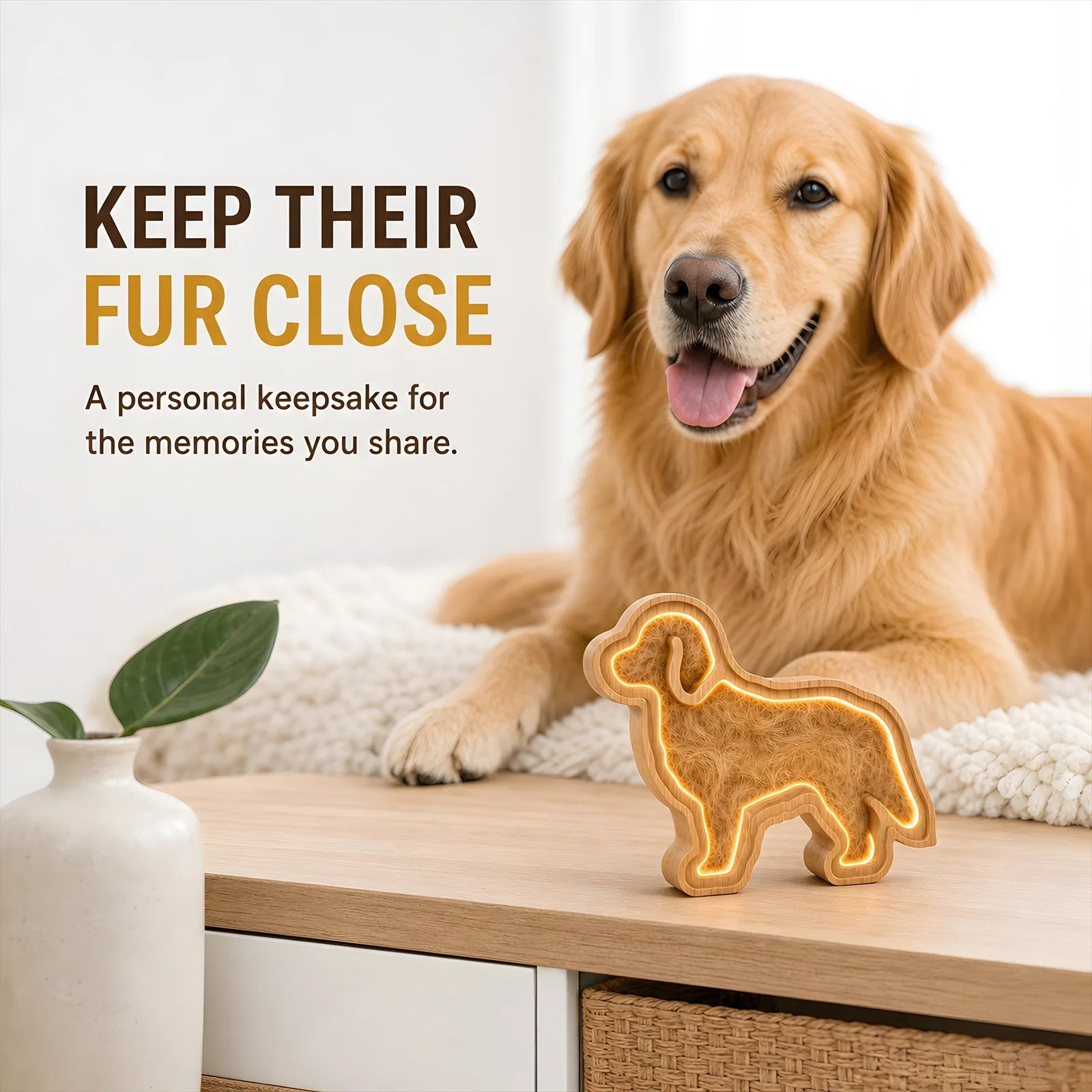 Large dog oak LED pet fur keepsake frame in a home display