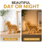 Large dog oak LED pet fur keepsake frame shown in daylight and evening