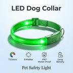 Larleaf green LED dog collar showing key features: 7 color options, 9 flashing modes, IP67 waterproof rating for rain protection, and long-lasting rechargeable battery.