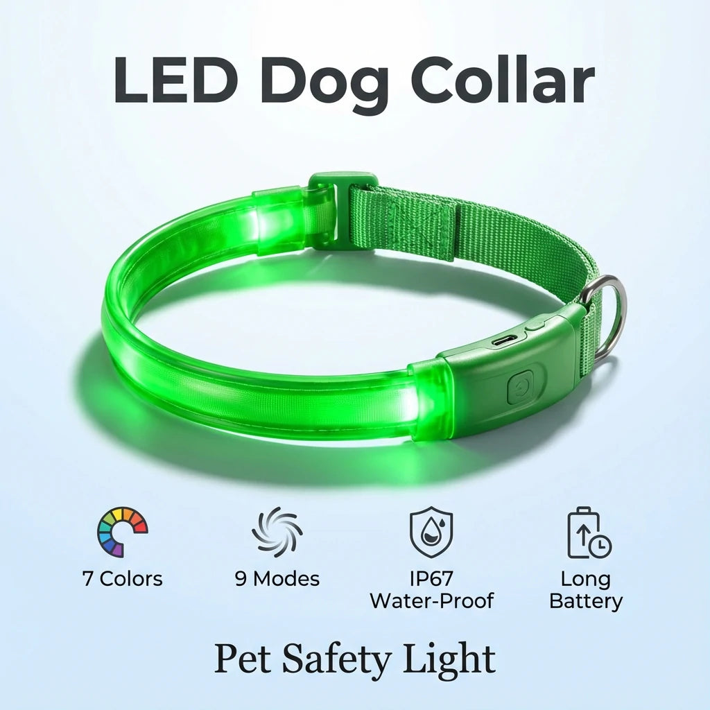 Larleaf green LED dog collar showing key features: 7 color options, 9 flashing modes, IP67 waterproof rating for rain protection, and long-lasting rechargeable battery.