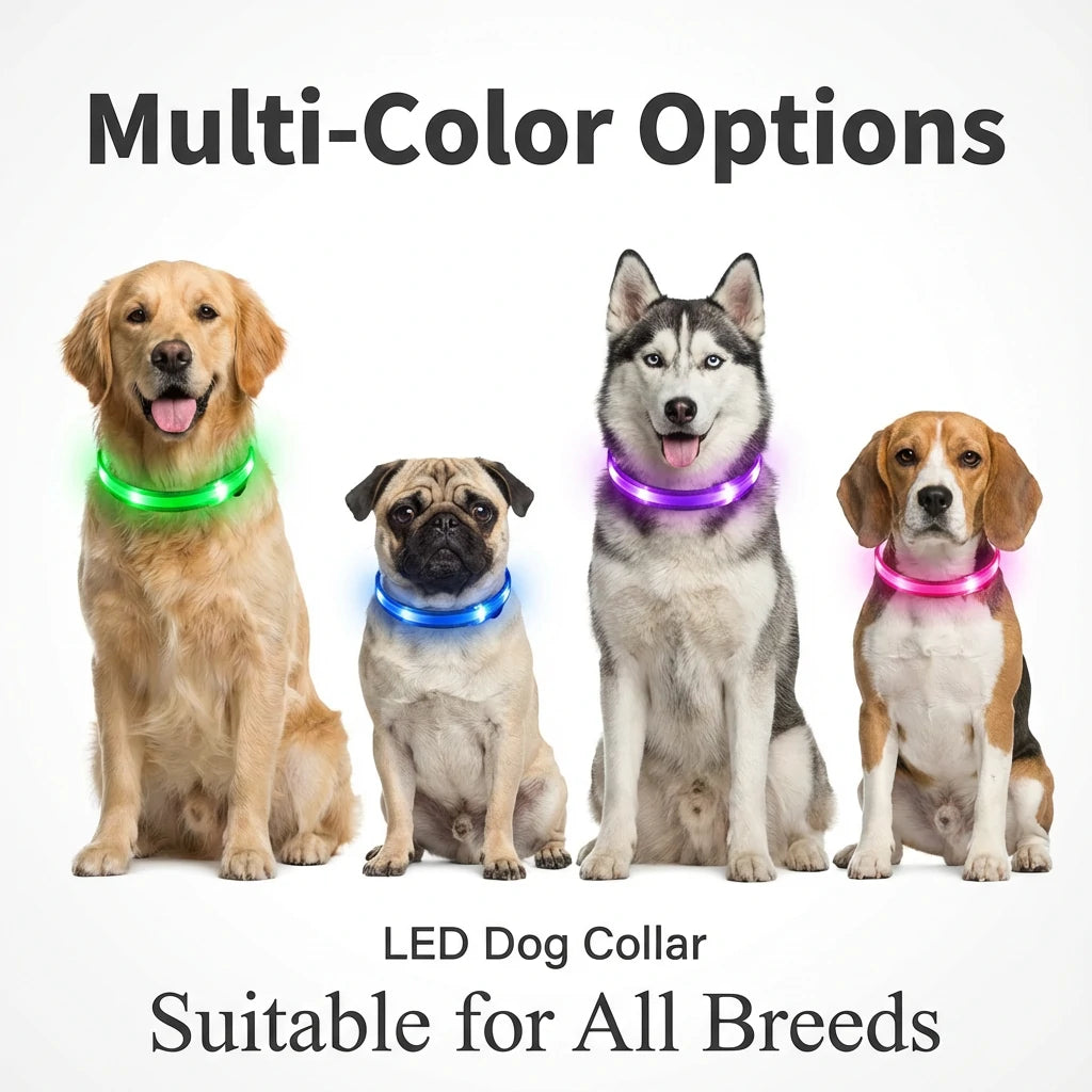 Four dogs (Golden Retriever, Pug, Husky, Beagle) wearing green, blue, purple, and red Larleaf LED collars. Multi-color options suitable for all breeds and sizes.