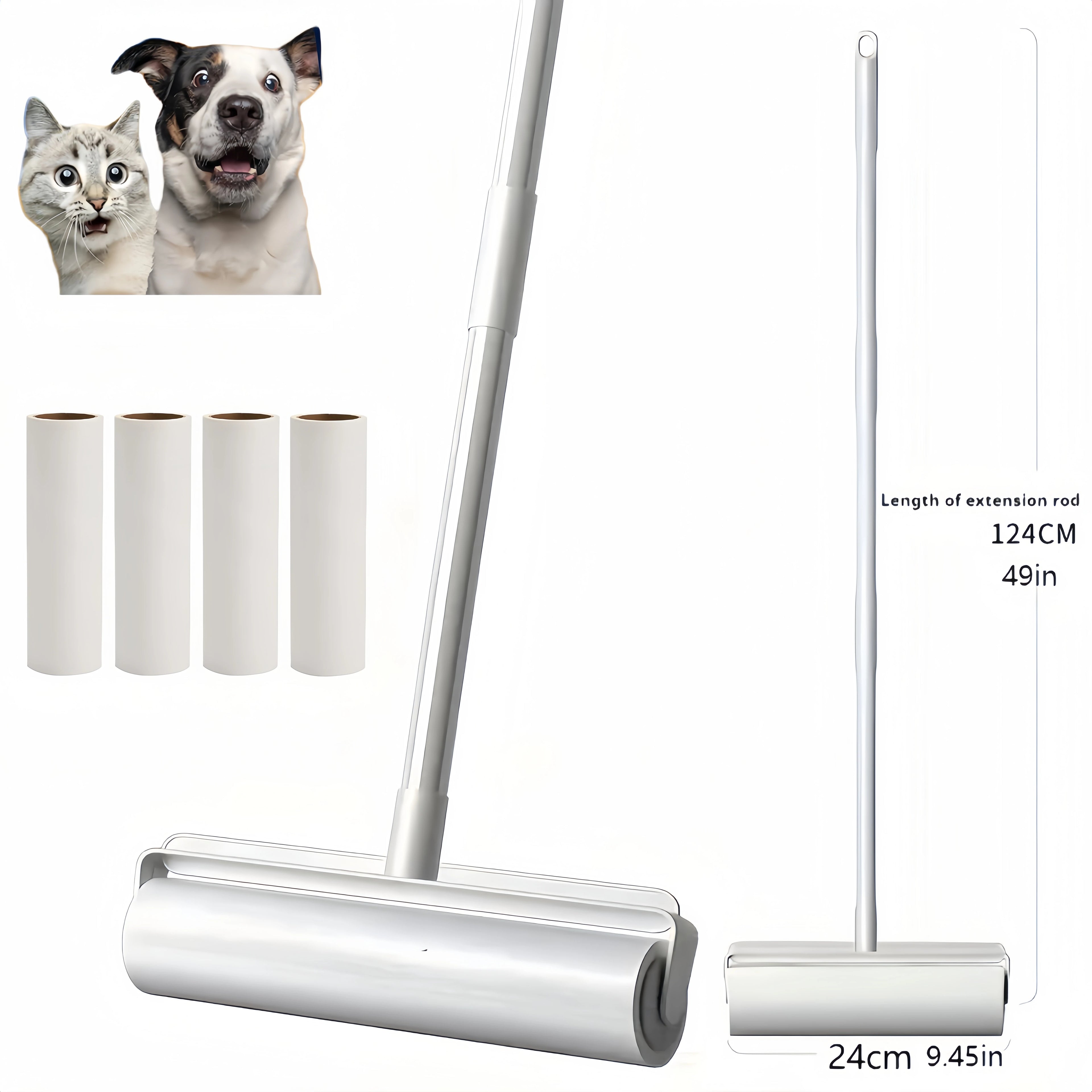 Larleaf large sticky lint roller with 49 inch extension handle and 4 extra refill rolls. 9.45 inch wide surface perfect for removing pet hair from carpets, floors, and sofas.