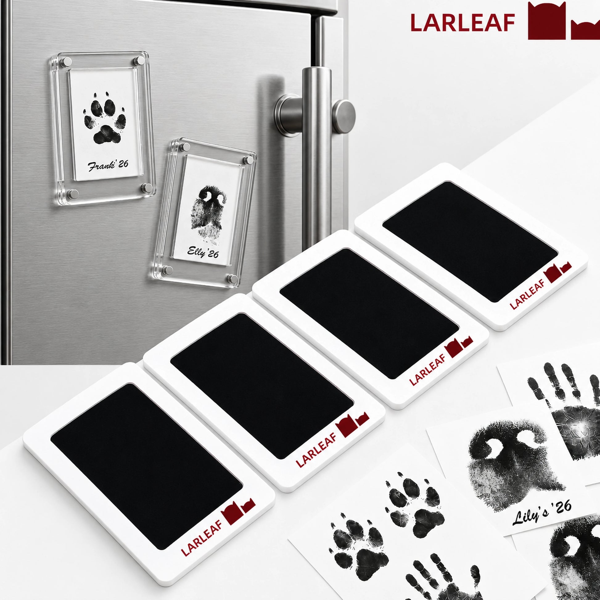Four Larleaf clean-touch ink pads with two clear magnetic refrigerator keepsake frames