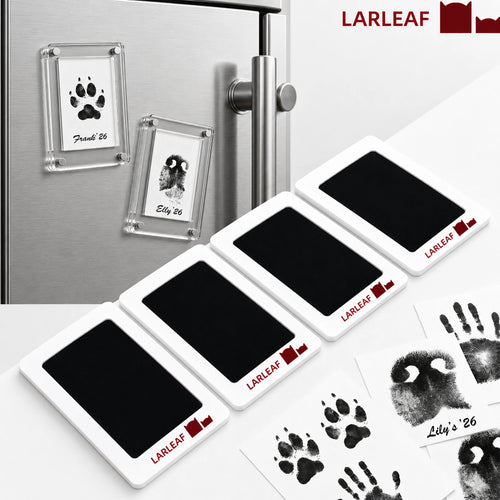 Four Larleaf clean-touch ink pads with two clear magnetic refrigerator keepsake frames