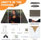 Package contents of Larleaf Mona Lisa cat scratcher kit. Includes painting boards, wood frames, replaceable scratcher pad, assembly tools (screws, glue, tape), instructions, and free catnip.