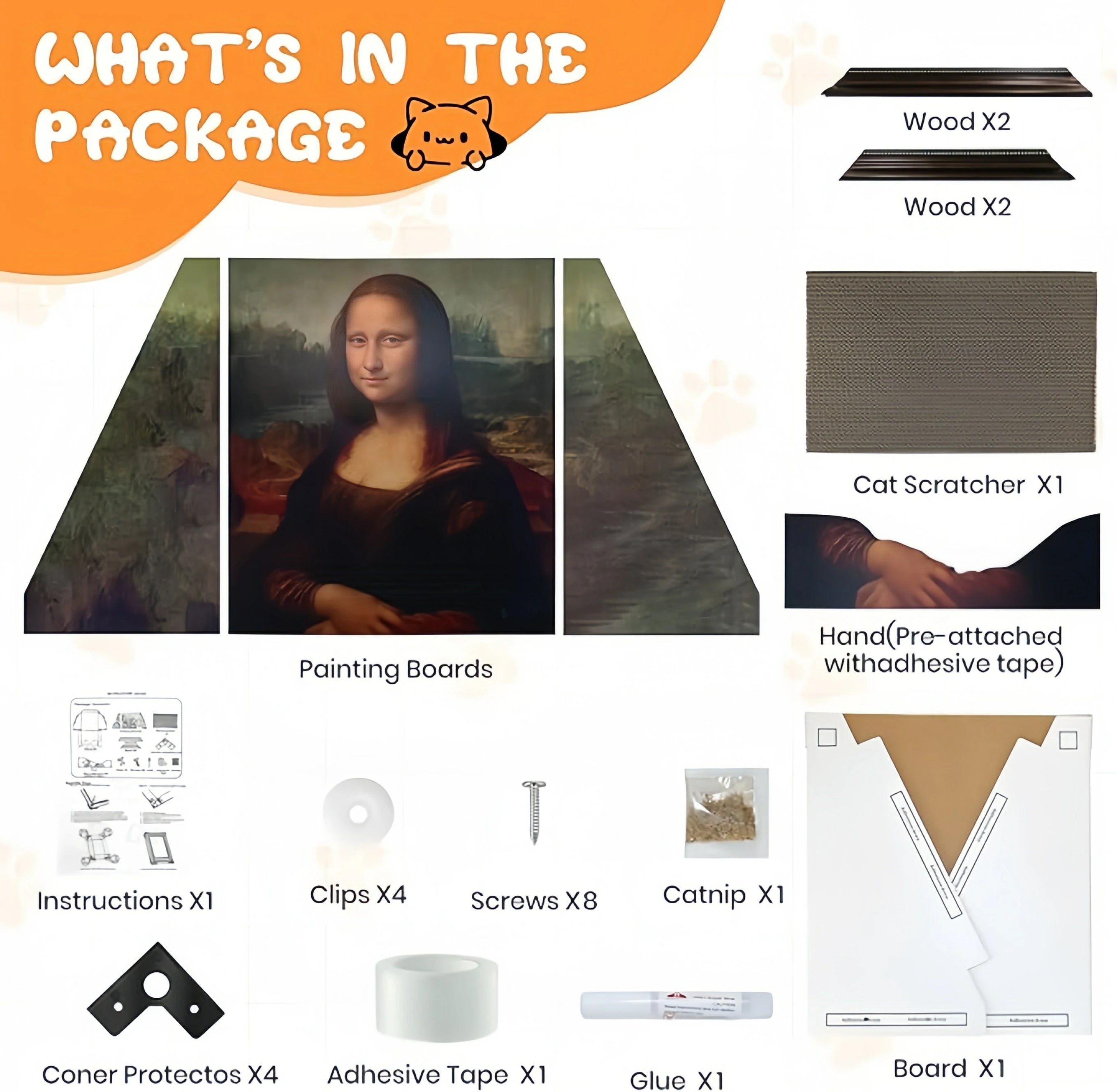 Package contents of Larleaf Mona Lisa cat scratcher kit. Includes painting boards, wood frames, replaceable scratcher pad, assembly tools (screws, glue, tape), instructions, and free catnip.