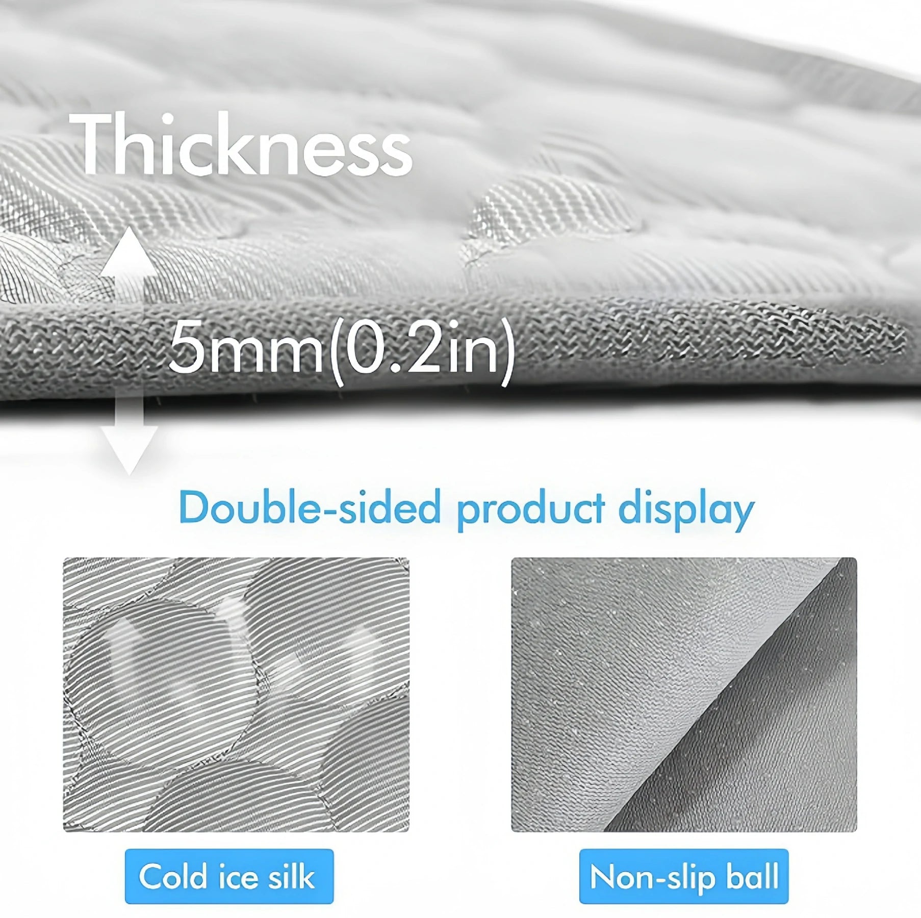 Detail view of Larleaf pet cooling mat features showing the "NEW" design. Highlights include the thickened construction, delicate and firm edge stitching, and specific glue dots on the back for enhanced anti-slip stability.