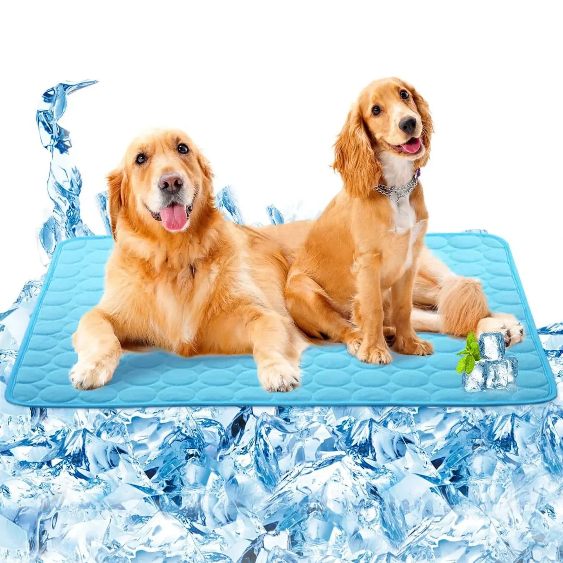 Larleaf pet cooling mat in blue, shown with two golden retrievers resting comfortably. The image features an ice cube background to visualize the cooling effect of the pad, ideal for keeping pets cool in summer. Main image
