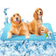 Larleaf pet cooling mat in blue, shown with two golden retrievers resting comfortably. The image features an ice cube background to visualize the cooling effect of the pad, ideal for keeping pets cool in summer.