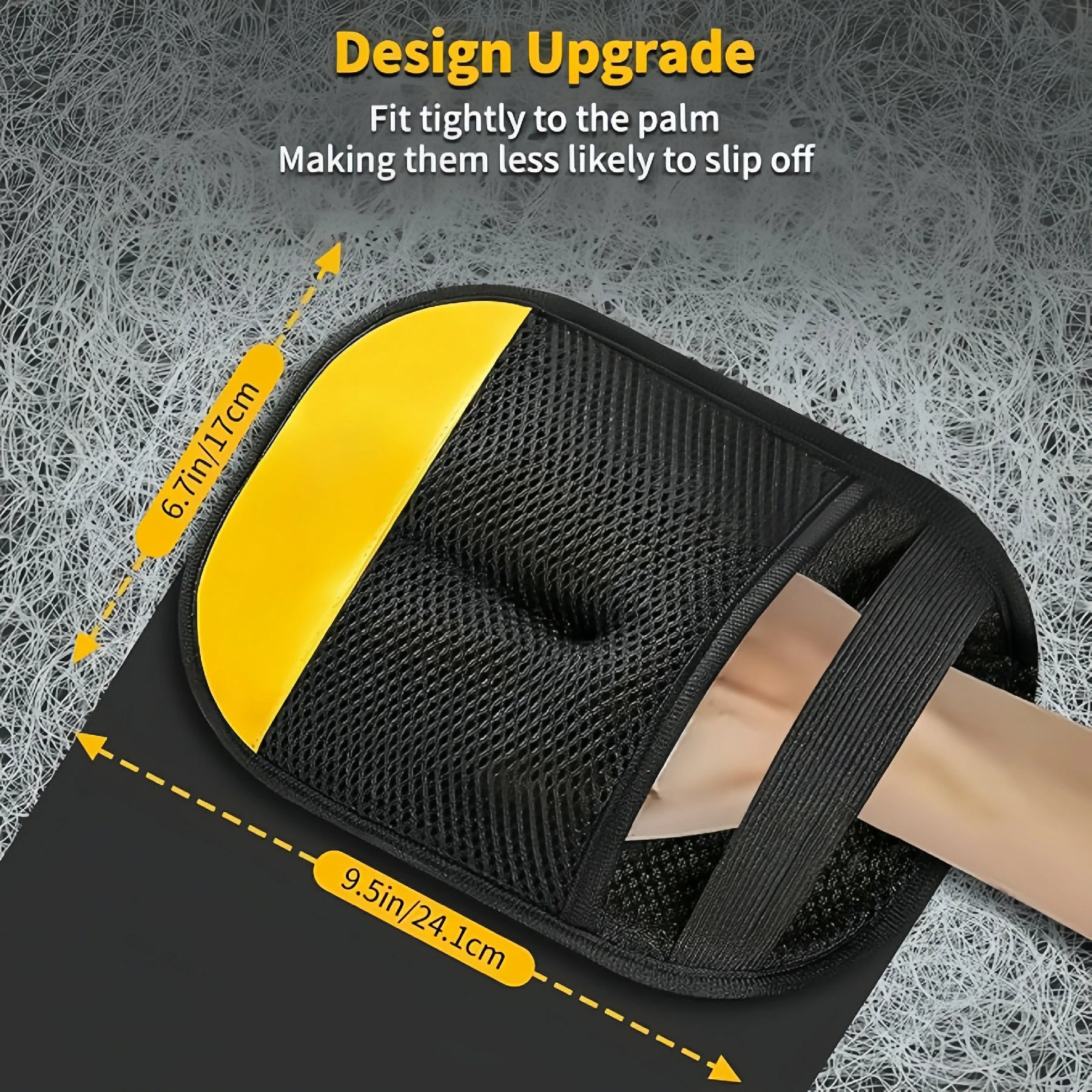 Larleaf pet grooming glove design upgrade featuring a tighter fit to the palm to prevent slipping. Dimensions shown: 9.5 inches (24.1 cm) length and 6.7 inches (17 cm) width.