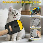 Larleaf pet hair remover glove shown with a white cat. Features dual-directional bristles for easy cleaning. Step-by-step guide: rub back and forth, hair rolls into strips, and peel to clean up.