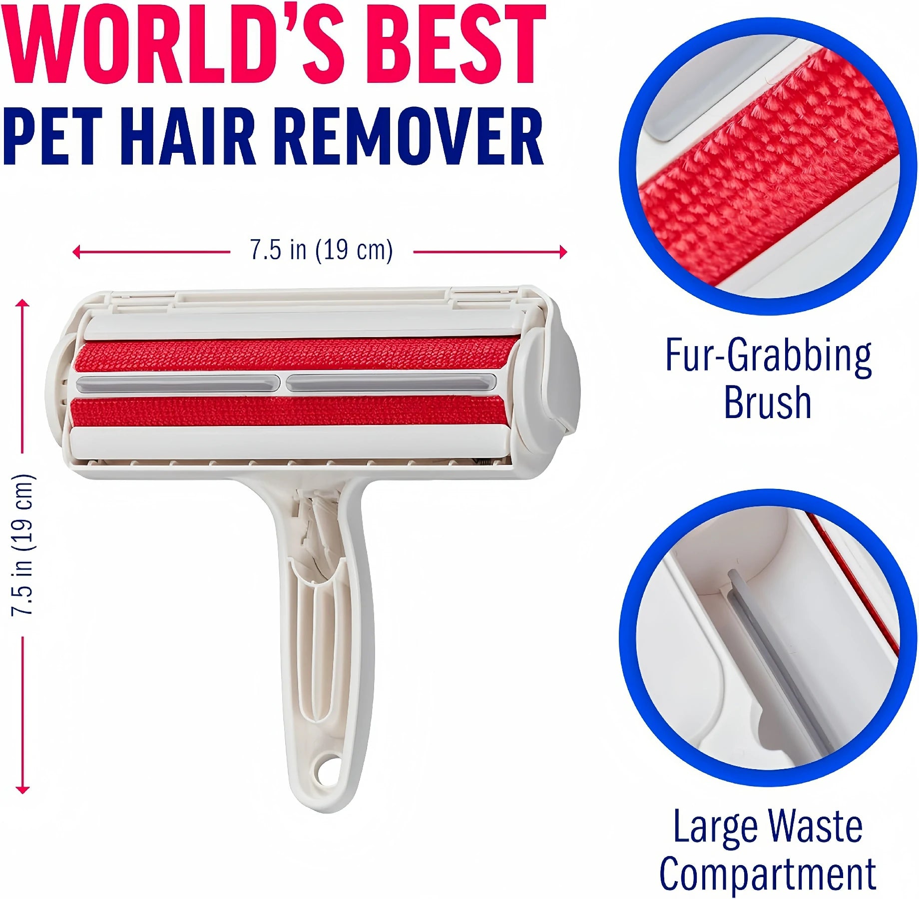 Larleaf pet hair remover roller dimensions and features diagram. Shows a width of 7.5 inches (19 cm). Highlights the red fur-grabbing brush material and the large waste compartment for collecting pet hair.