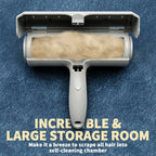 Larleaf pet hair remover roller displaying its open waste compartment filled with collected fur. The text "Incredible & Large Storage Room" highlights the capacity, making it a breeze to scrape all hair into the self-cleaning chamber.
