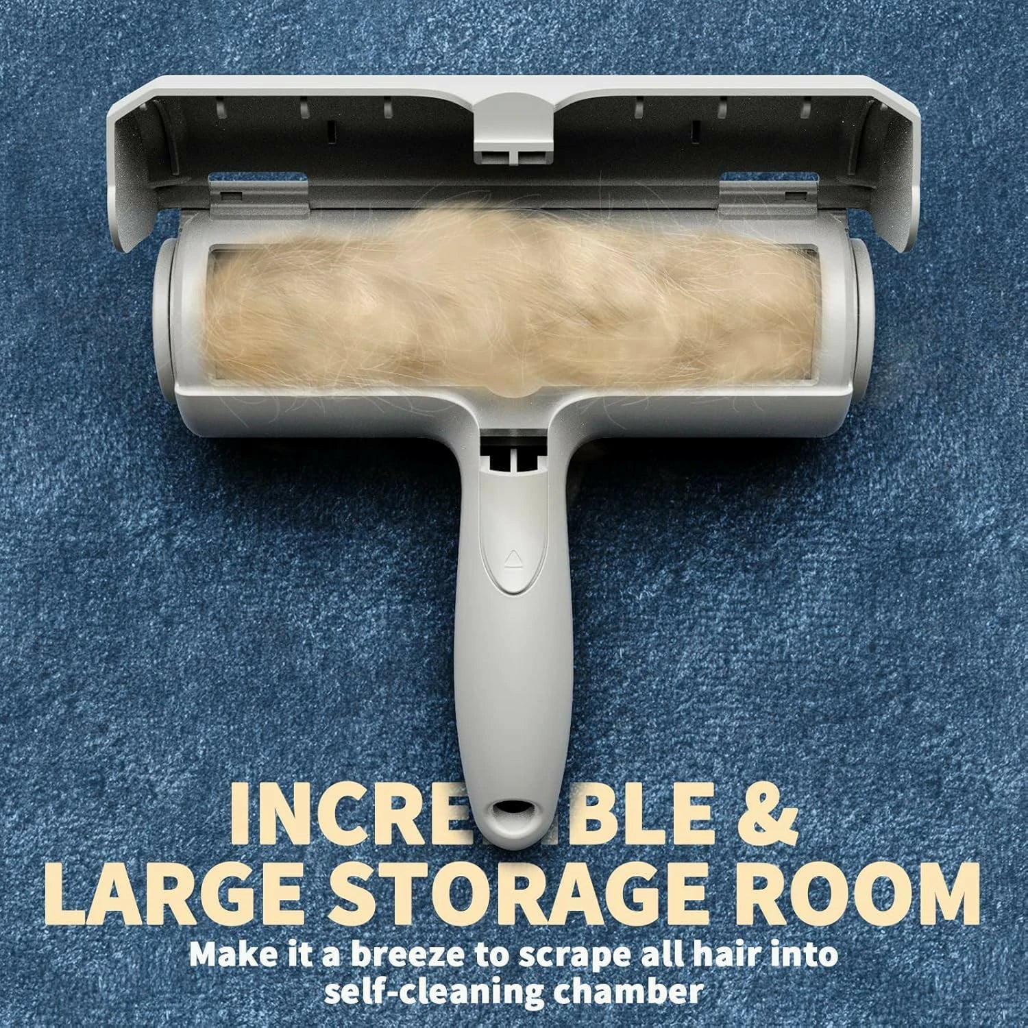Larleaf pet hair remover roller displaying its open waste compartment filled with collected fur. The text "Incredible & Large Storage Room" highlights the capacity, making it a breeze to scrape all hair into the self-cleaning chamber.