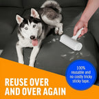 Larleaf pet hair remover roller cleaning dog fur from a grey sofa with a husky nearby. Text highlights "Reuse over and over again" and "100% reusable and no costly tricky sticky tape".