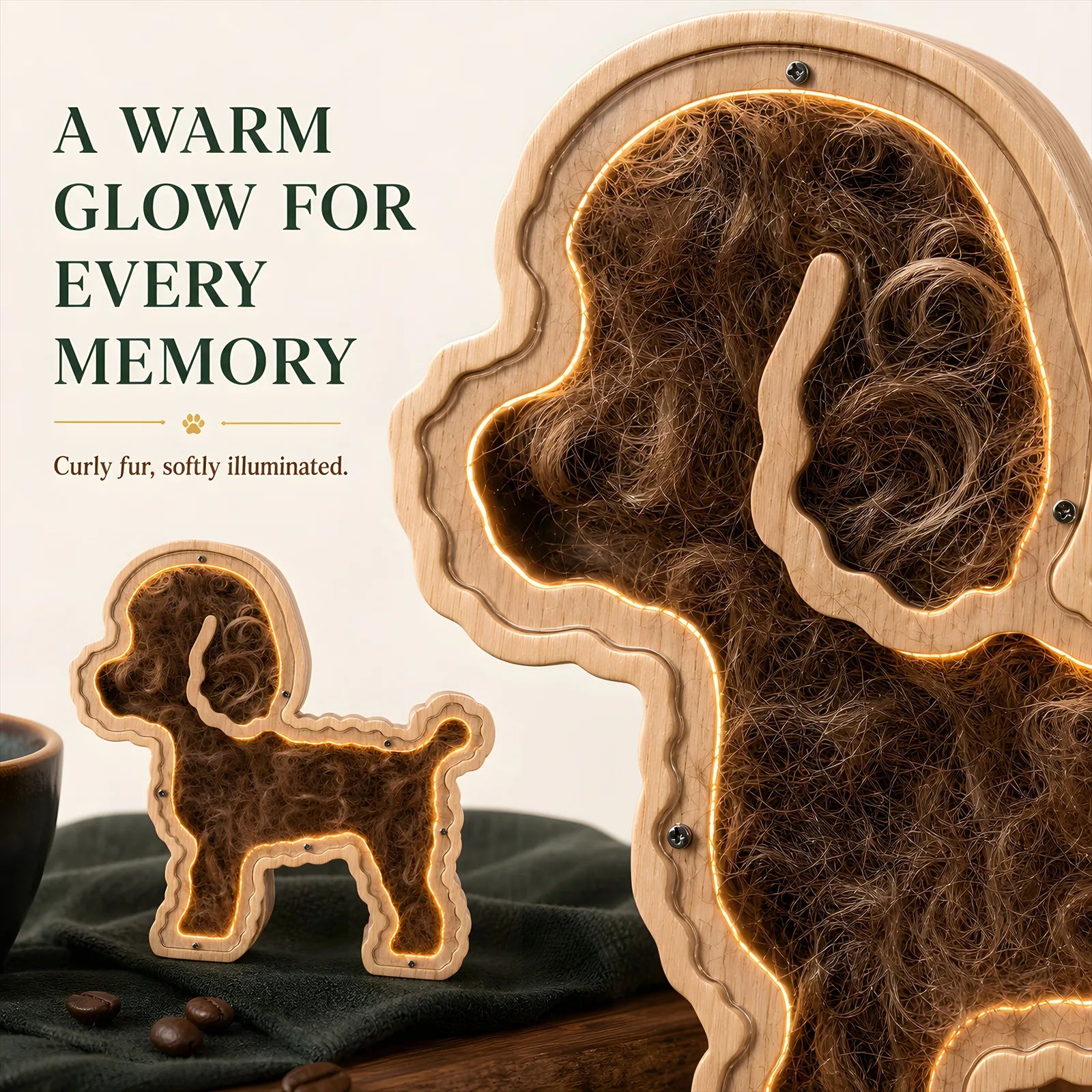 Warm LED glow detail on the small dog oak pet fur keepsake frame
