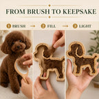 Three-step pet fur keepsake process: brush, fill, and light