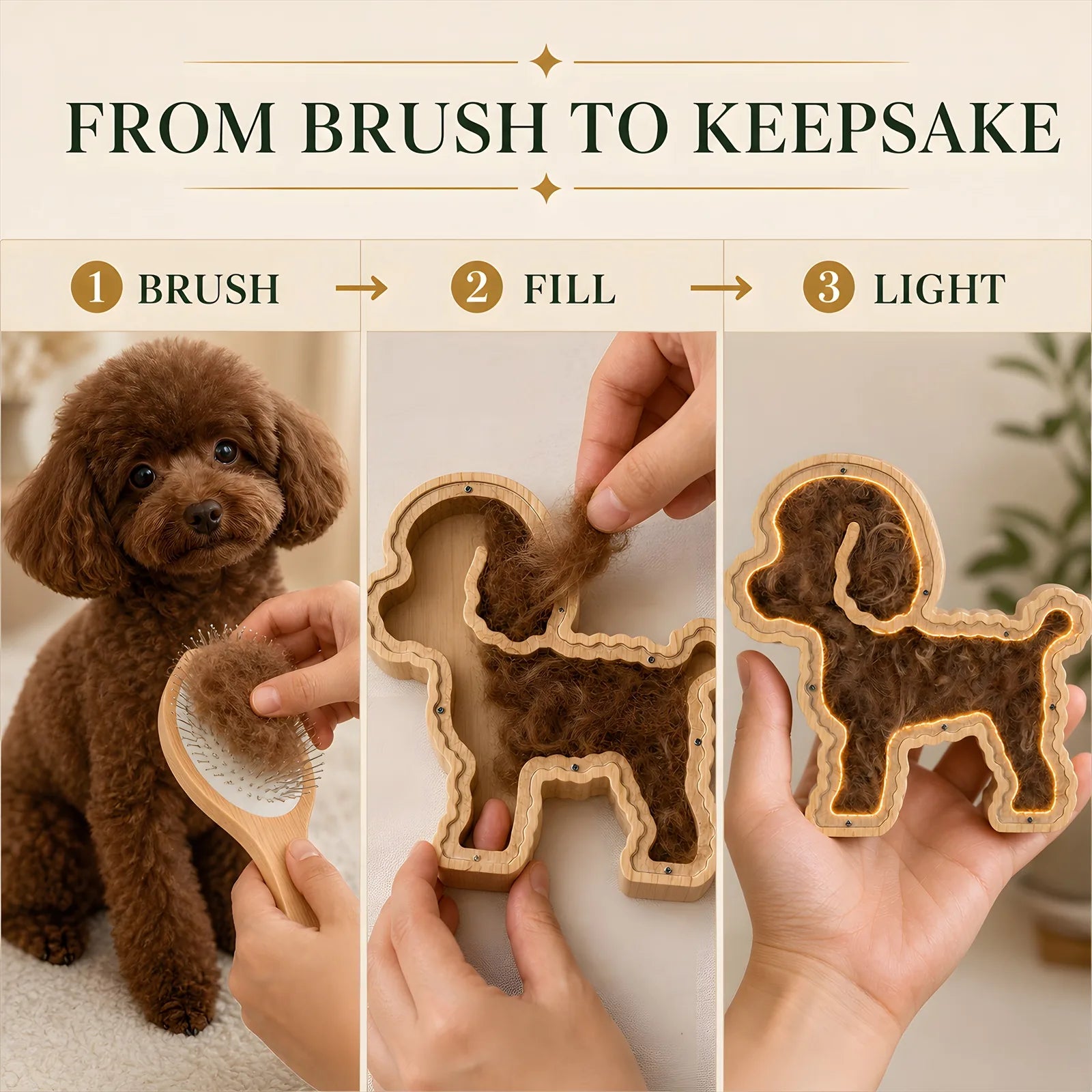 Three-step pet fur keepsake process: brush, fill, and light