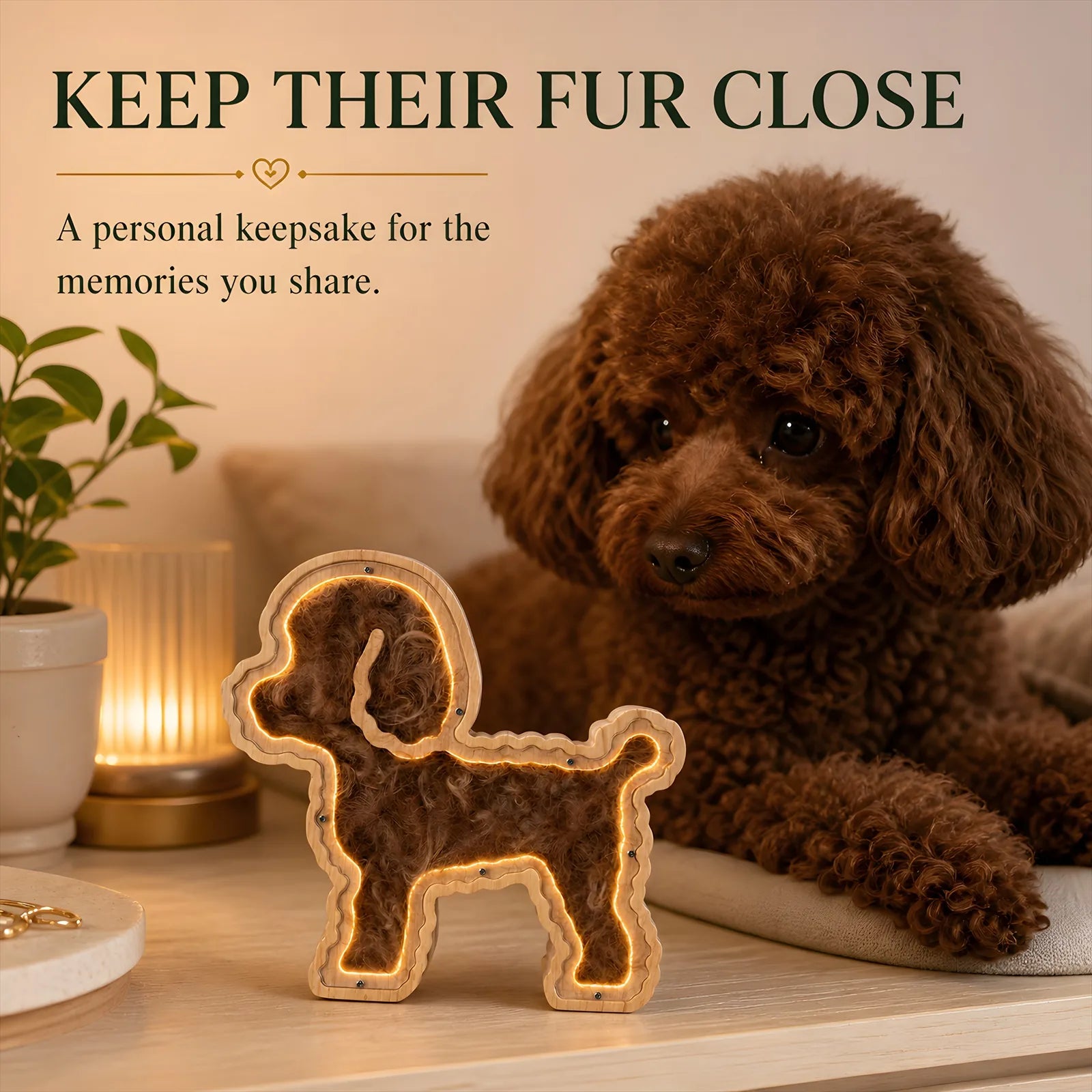 Small dog oak LED pet fur keepsake frame in a home display