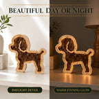 Small dog oak LED pet fur keepsake frame shown in daylight and evening