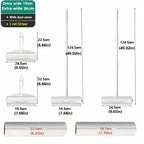 Dimension chart for Larleaf sticky roller. Available in Extra wide 24cm (9.65in) and 19cm (7.68in) sizes. Shows 124.5cm (49.02in) handle height, dust cover, and roll specifications.