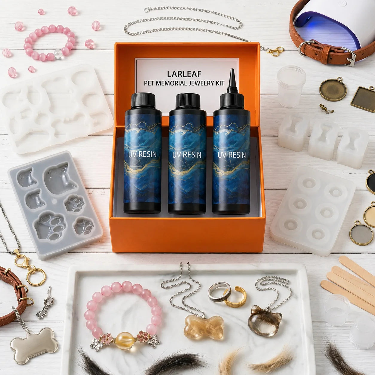 Larleaf UV resin pet memorial jewelry kit with resin bottles, molds, lamp, tools, findings, and keepsake materials