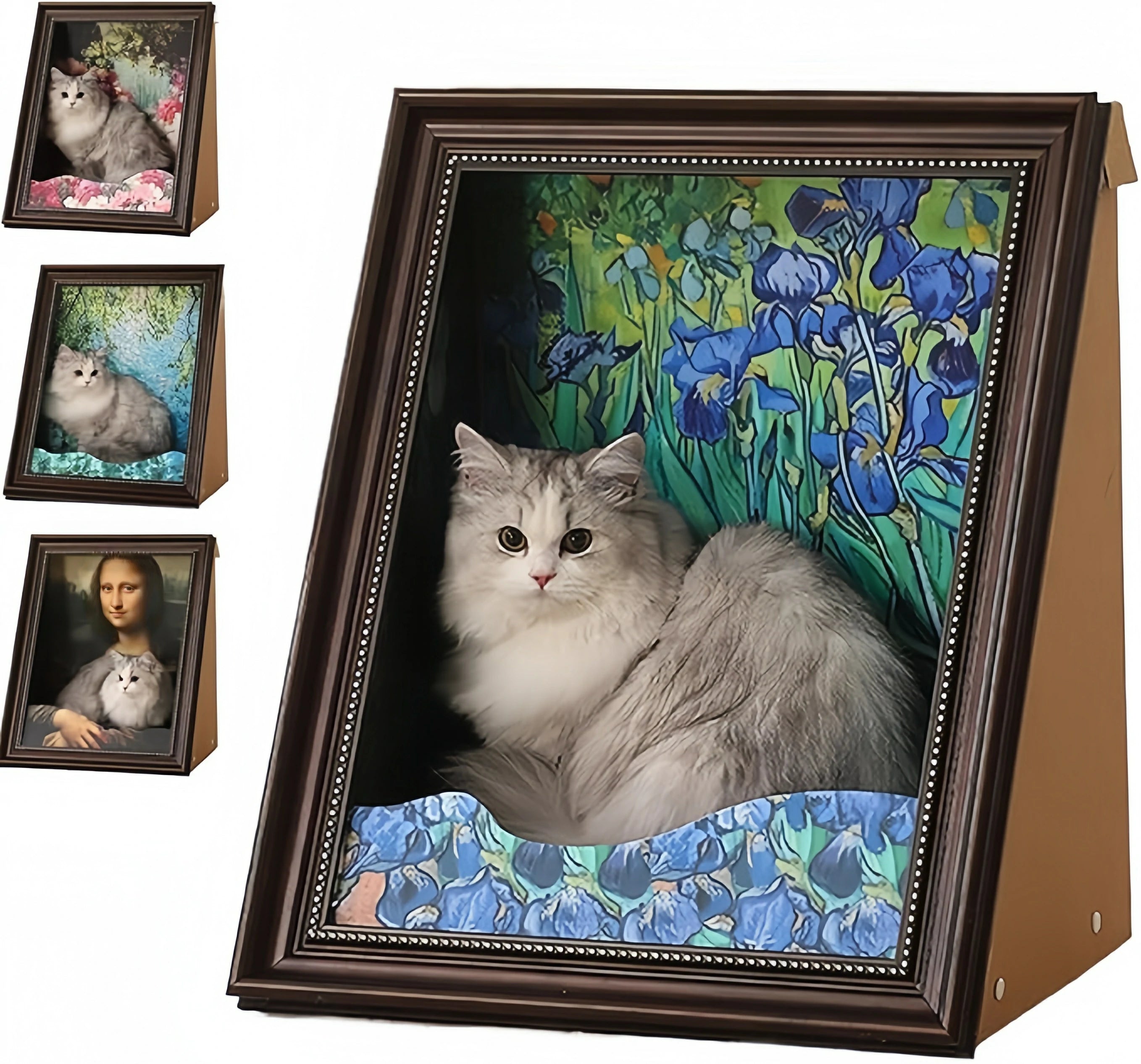 Larleaf cat scratcher house featuring Vincent van Gogh's Irises painting design. Artistic cardboard cat bed with blue flower print, part of the museum art collection series.